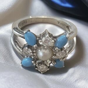 Silver Ring with Blue Accents and Pearl